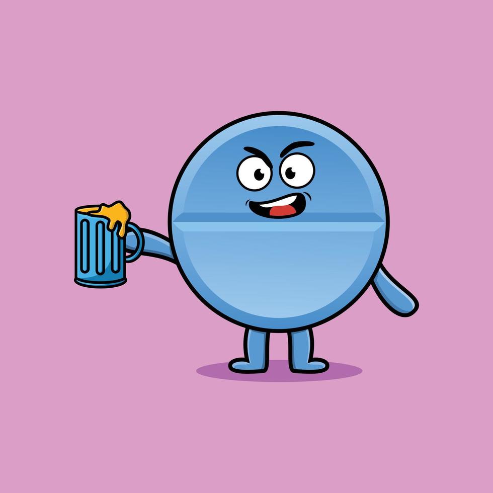 Pill medicine cartoon character with beer glass vector