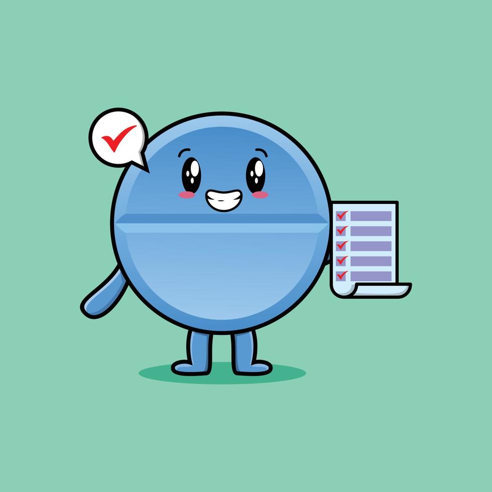 Cute cartoon pill medicine holding checklist note vector