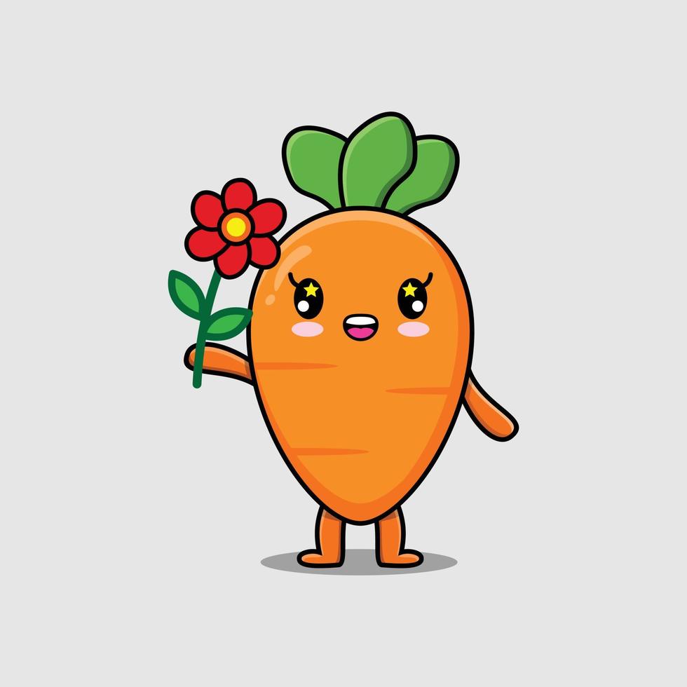 Cute cartoon carrot character holding red flower vector