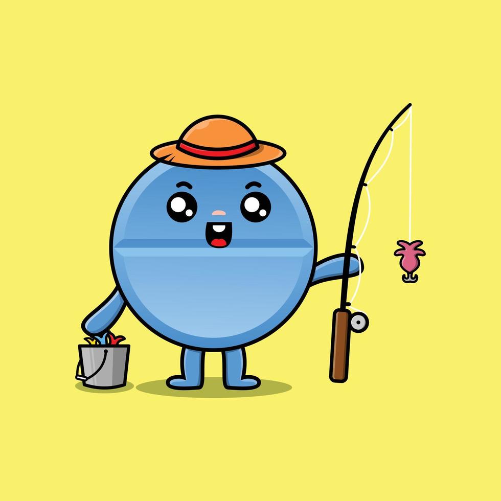 Cute cartoon pill medicine ready fishing vector