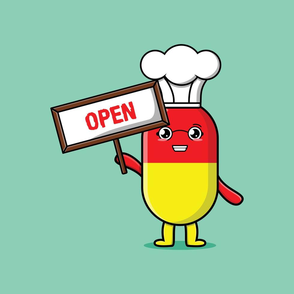 cartoon capsule medicine chef hold open board vector