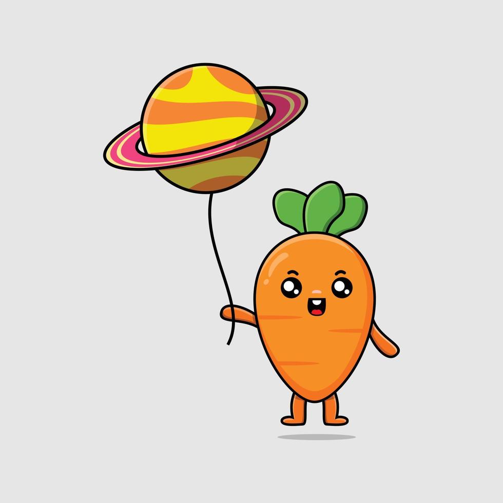 linda zanahoria de dibujos animados flotando con el planeta vector