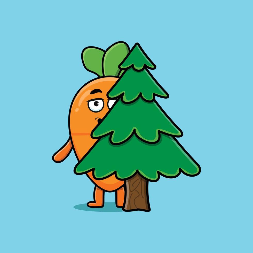 lindo personaje de zanahoria de dibujos animados árbol escondido vector