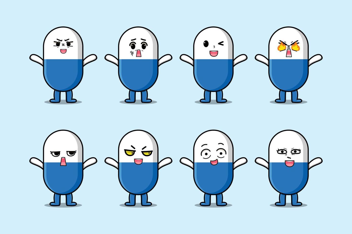 Set kawaii capsule medicine cartoon expressions vector