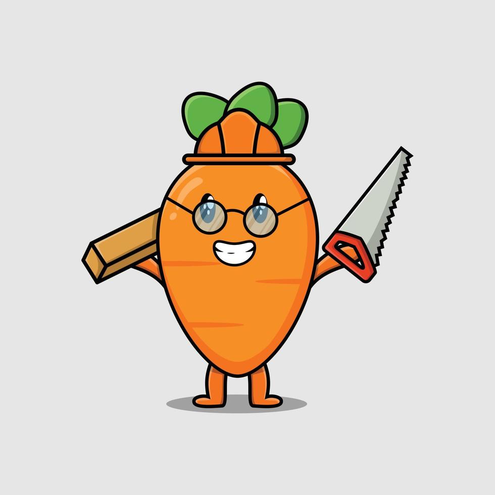 Cute cartoon carrot as carpenter with saw and wood vector