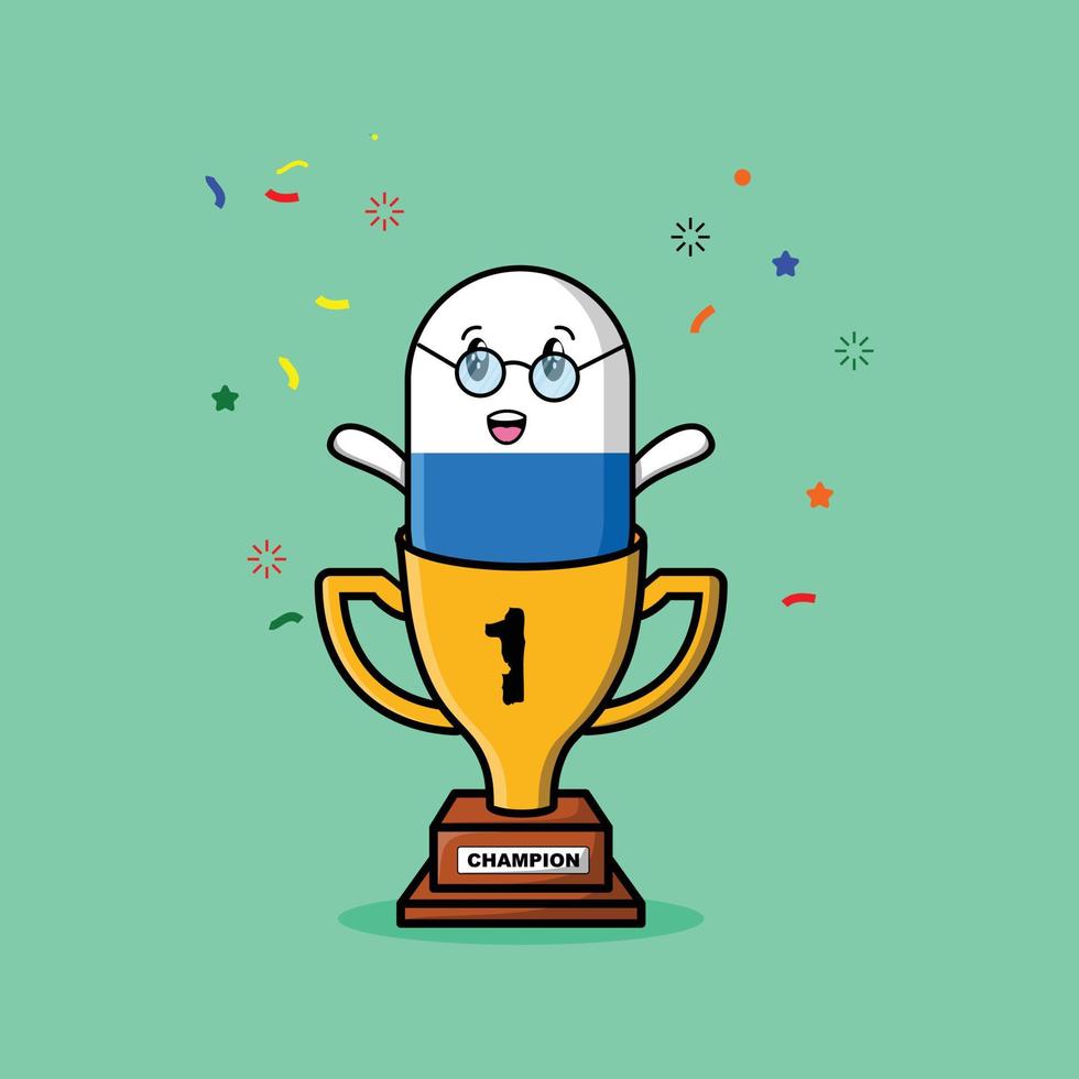 Cute cartoon capsule medicine character in trophy vector