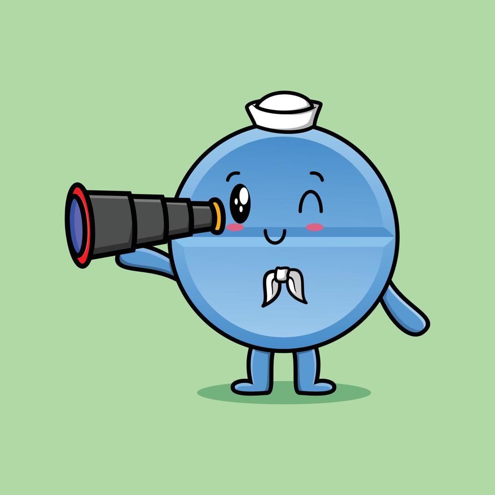 Cute cartoon pill medicine sailor using binocular vector