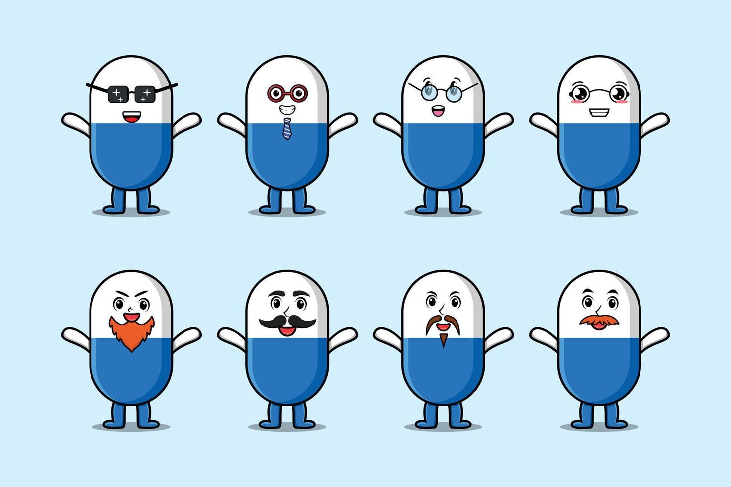 Set kawaii capsule medicine cartoon expressions vector