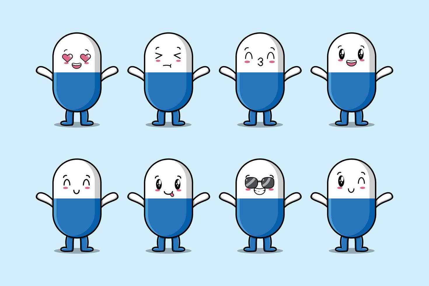 Set kawaii capsule medicine cartoon expressions vector