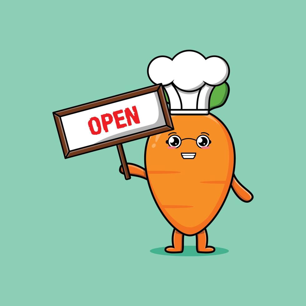 Cute cartoon carrot character hold open sign board vector