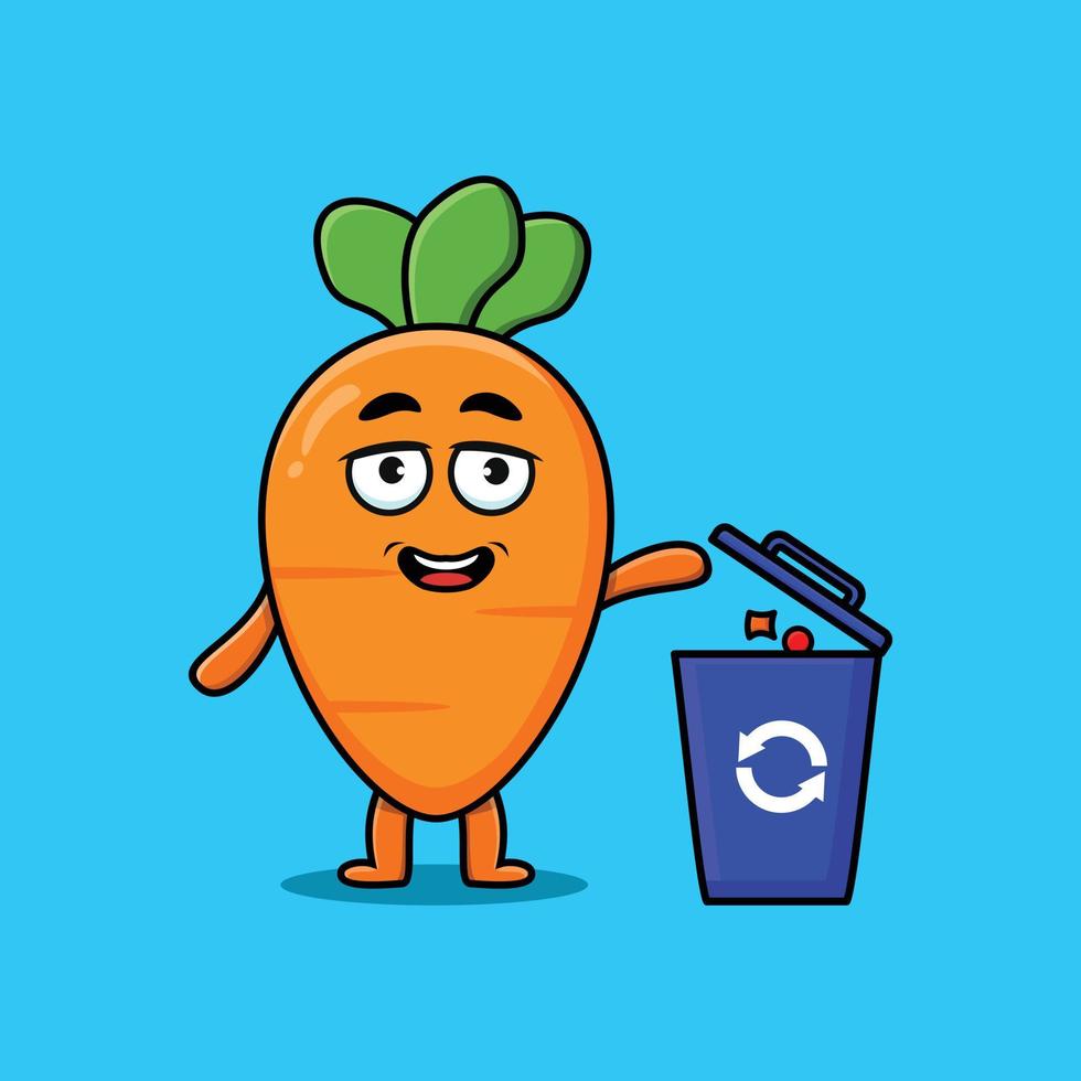 Cute cartoon carrot throwing trash in the trash vector