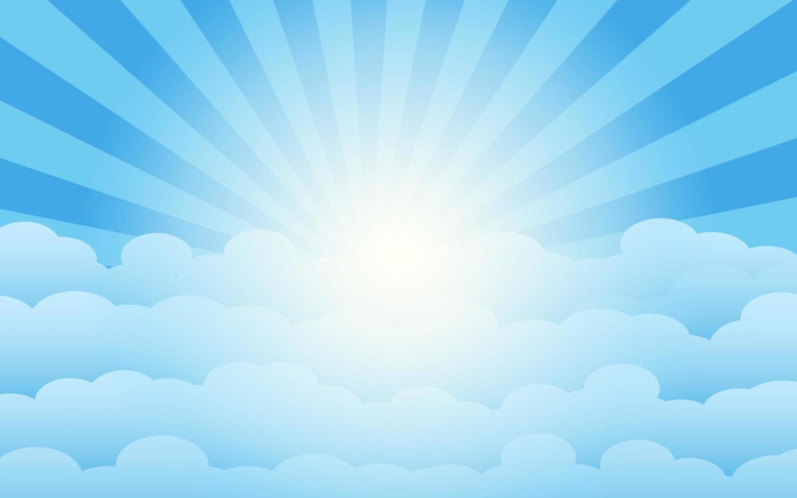 Blue sky and white clouds background. Sun rays. Vector illustration.