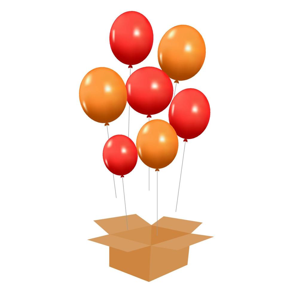 Balloons with box on white background. Realistic design concept open cardboard box, releasing helium balloon. Celebrate a birthday, Poster, banner happy anniversary. Vector 3d object baloons