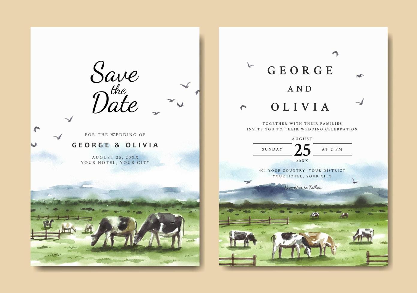 Watercolor wedding invitation of farm in savannah nature landscape vector