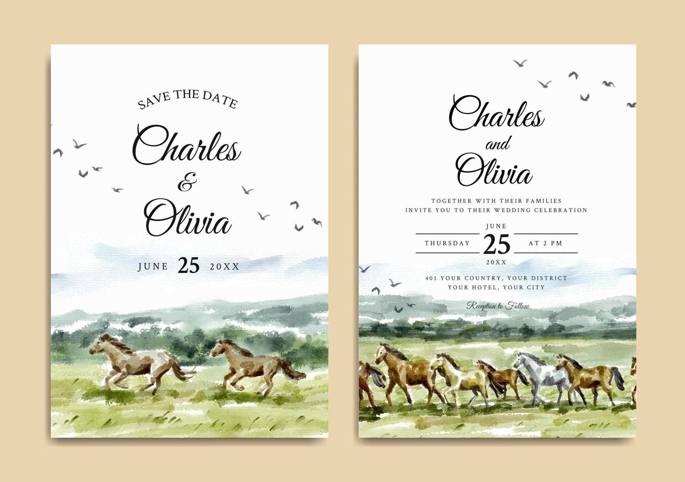 invitación de boda de caballos corriendo en sabana naturaleza paisaje acuarela vector