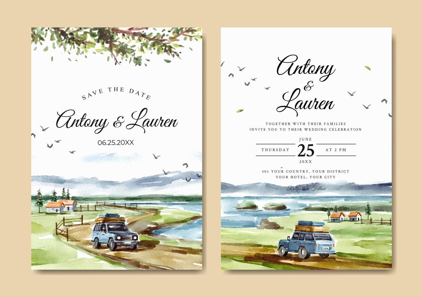 Wedding invitation set of road trip with beach view watercolor vector