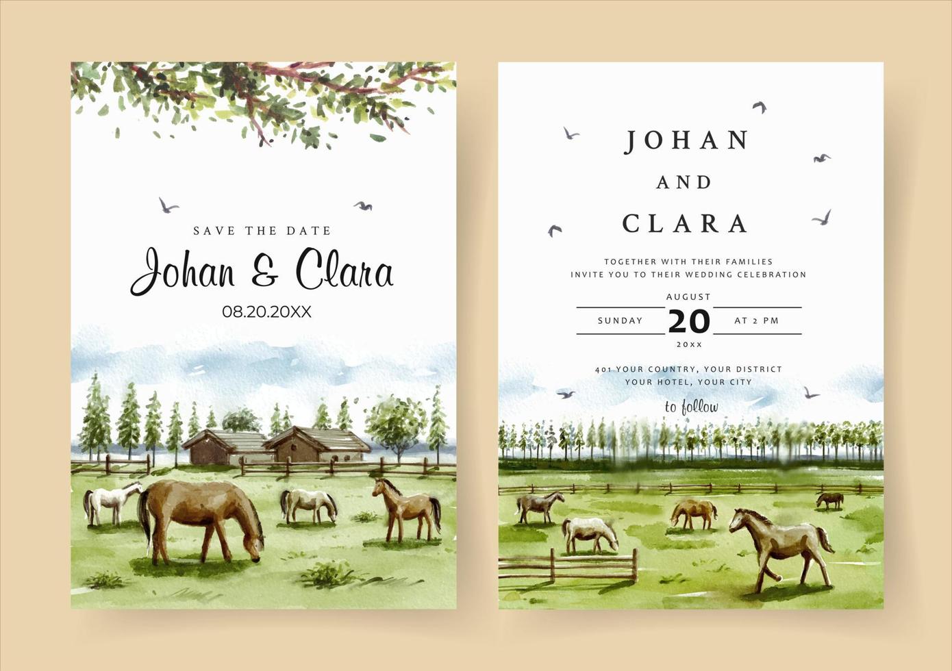 Wedding invitation of horse farm landscape watercolor vector