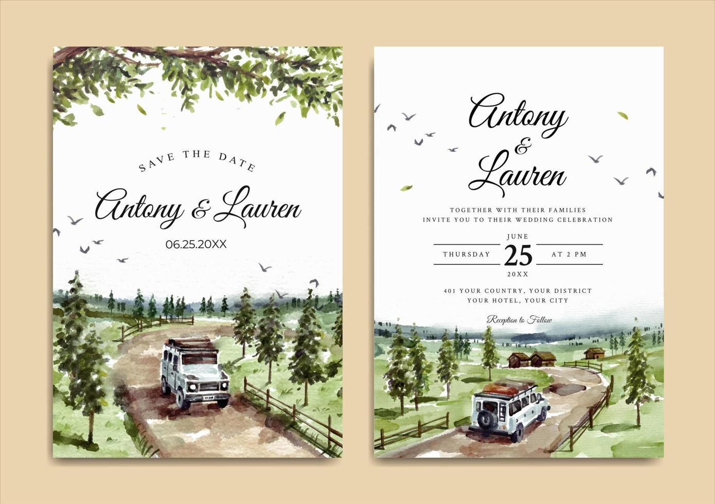 Watercolor wedding invitation set of nature landscape with road trip vector