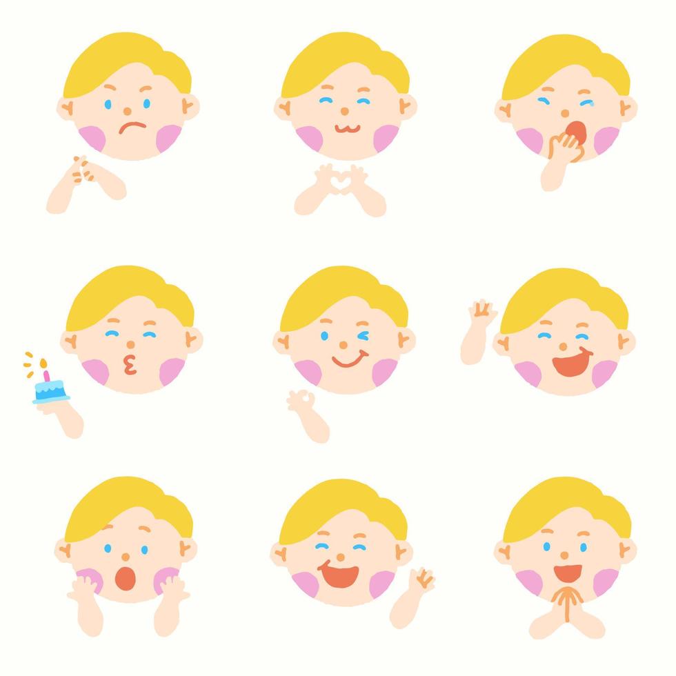 Cute Blond Hair Blue Eye Boy Kids Children Different Expression Emotions Emotional Emoticon Hand Doodle Character Feelings Faces Collection Set Icon Vector illustration