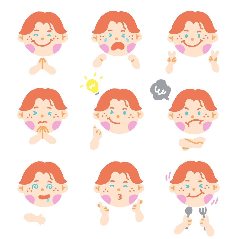 cuco escocés irlandés niño rojo pelo azul verde ojo niños niño niños shcool diferente expresión emoción emocional emoticono mano garabato carácter sentimientos caras colección set icono vector ilustración