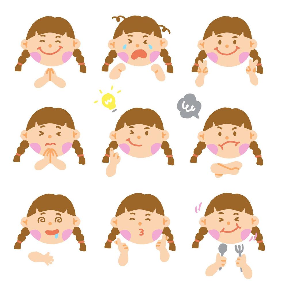 lindo asia niña largo cabello castaño ojo niños niño niños shcool diferente expresión emoción emocional emoticón manos garabato carácter sentimientos caras colección conjunto paquete icono vector ilustración