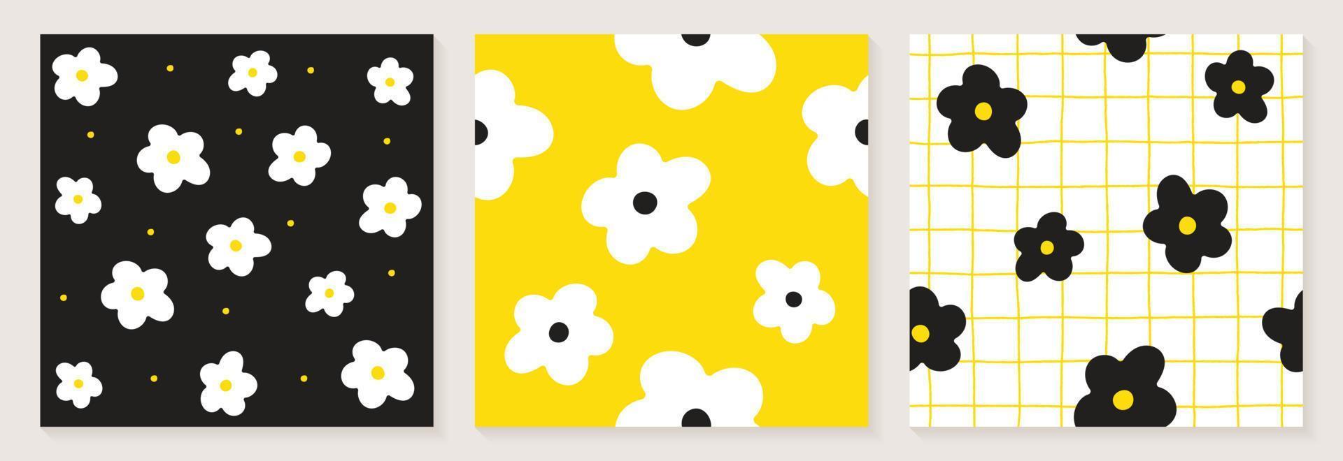 Cute Daisy Flower White Black Yellow Color Confetti Flat Style Fabric Textile Grid Line Check Seamless Pattern Background Botanic Meadow Summer Spring Card Set Collection Bundle Vector Illustration