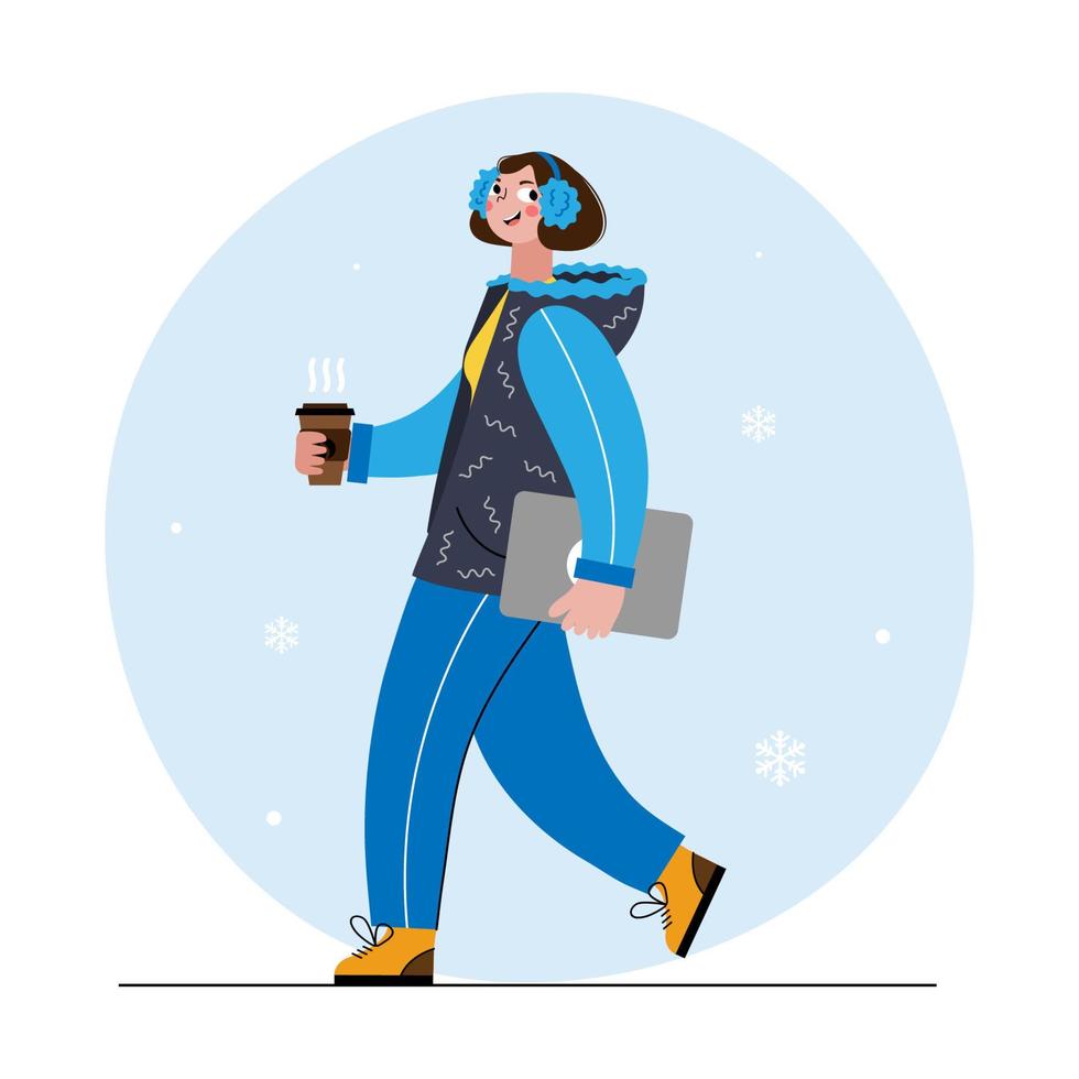 grl en ropa de invierno camina con una computadora portátil y café caliente en sus manos. los copos de nieve están cayendo. estado de ánimo de invierno. concepto de trabajo independiente e invierno. ilustración vectorial vector