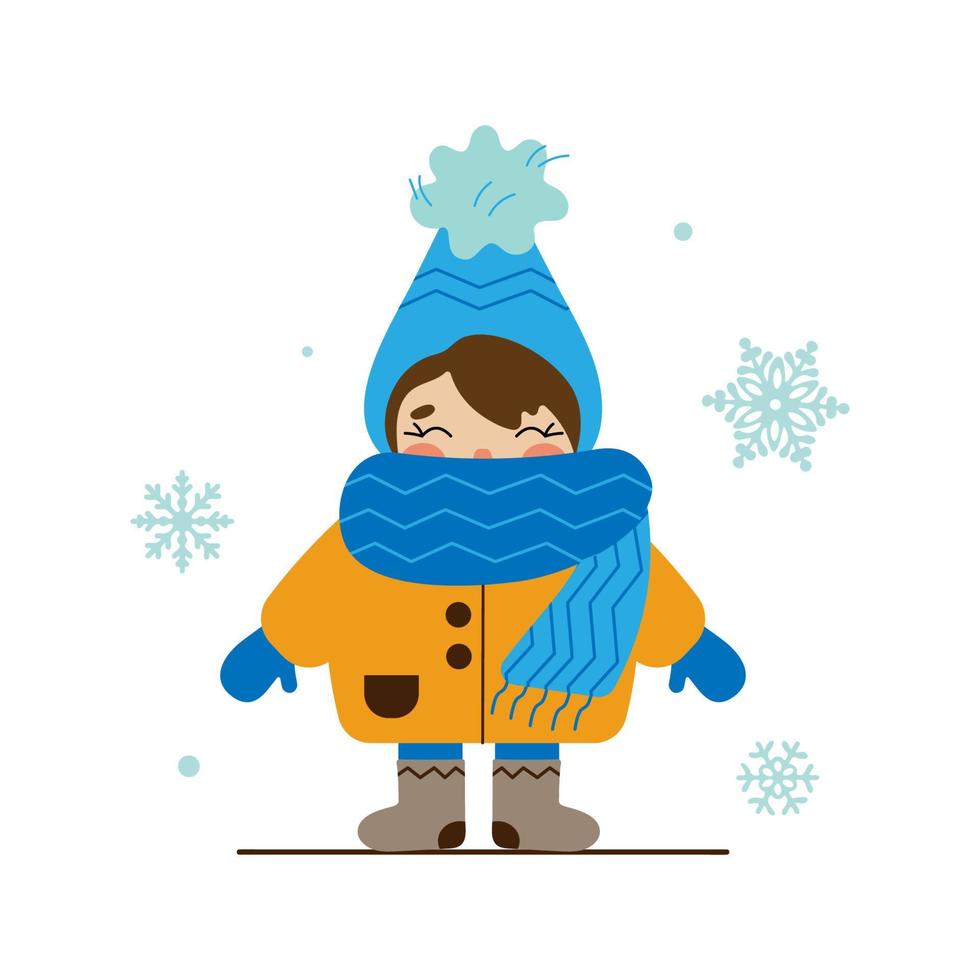Happy cute little Girl in Winter cloth. Falling snowflakes. Girl in warm cloth. Winter mood. Hello Winter. Vector illustration.