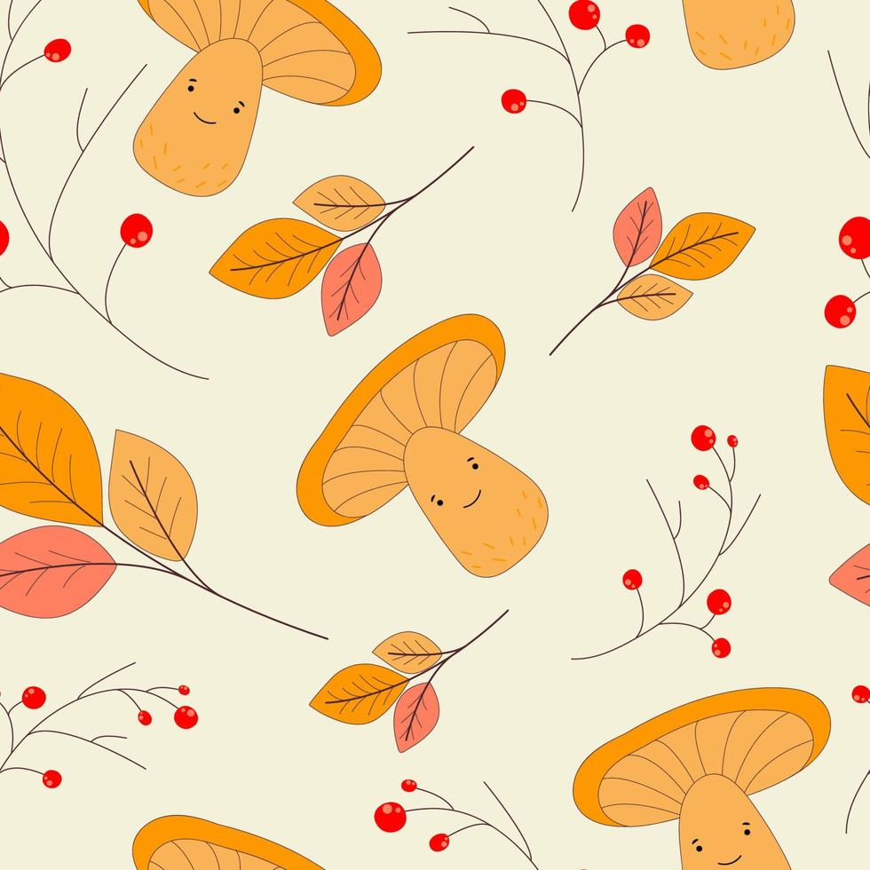 patrón impecable con hojas de otoño, ramitas de serbal y champiñones rebozuelos. niños creativos textura forestal para tela, envoltura, textil, papel pintado, ropa. ilustración vectorial vector