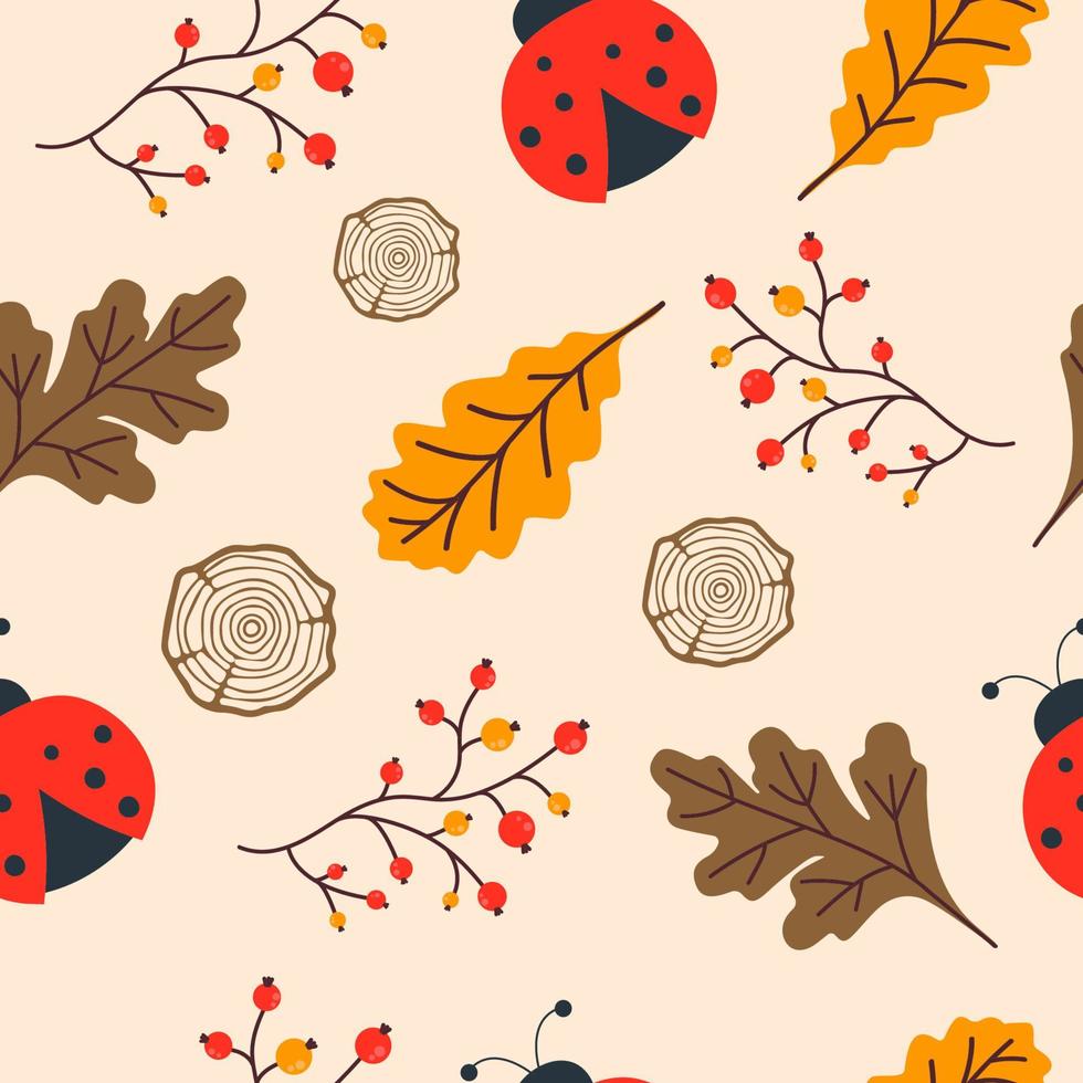 Seamless Pattern with oak Autumn leaves, rowan twigs and ladybugs. Ideal for wallpaper, wrapping paper, Pattern fill, textile, fall greeting cards, thanksgiving cards. Vector illustration.
