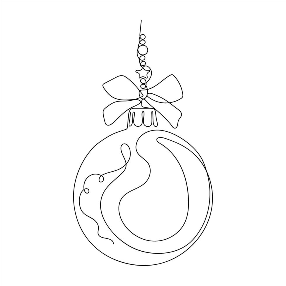 Continuous one Line drawing of Christmas decoration Ball icon in silhouette on a white background. Linear stylized. Holiday linear illustration for print, web. Vector illustration.