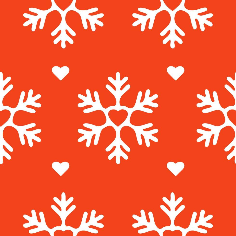 White Snowflakes and hearts on Red background. Vector Seamless Pattern for Continuous replicate. Christmas falling Snowflake on Red backdrop. Concept of winter holiday.