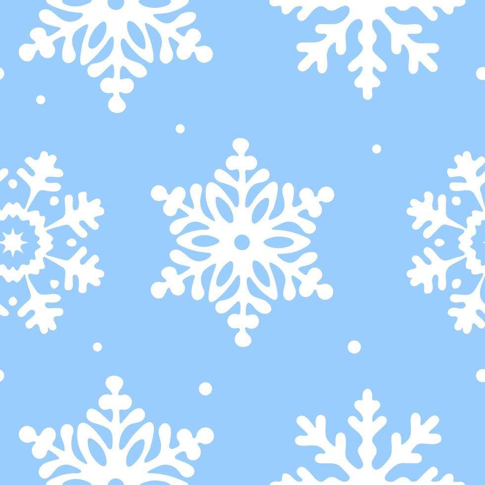 White Snowflakes on blue background. Vector Seamless Pattern for Continuous replicate. Christmas falling Snowflake on blue backdrop. Concept of winter holiday.