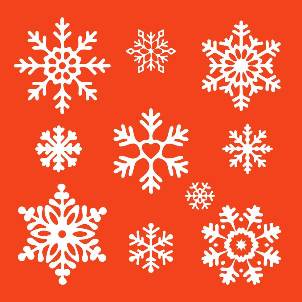 conjunto de copos de nieve sobre un fondo rojo. ilustración vectorial plana. vector