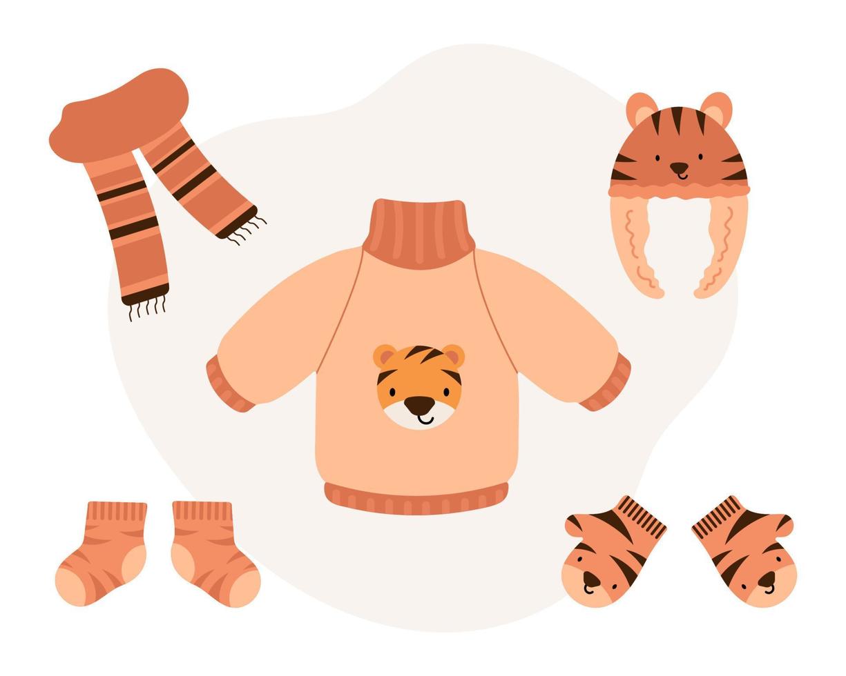 Cute Baby knitted warm autumn and winter Accessories with tiger print. Warm Kids Clothes and Accessories for cold weather. Flat vector illustration.
