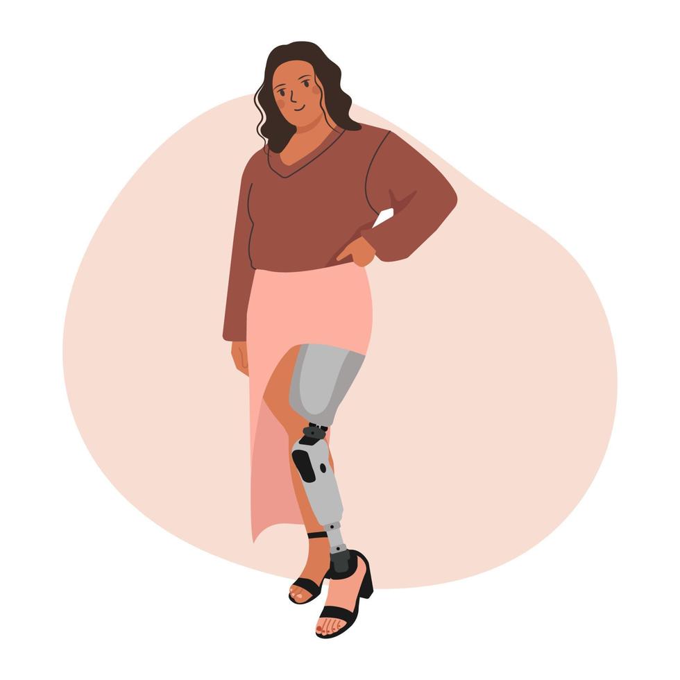 Cute girl with a Prosthetic Leg. Bionic Leg, Prosthesis limb. People with Disabilities, prosthesis, amputation, Inclusion. Vector isolated illustration.