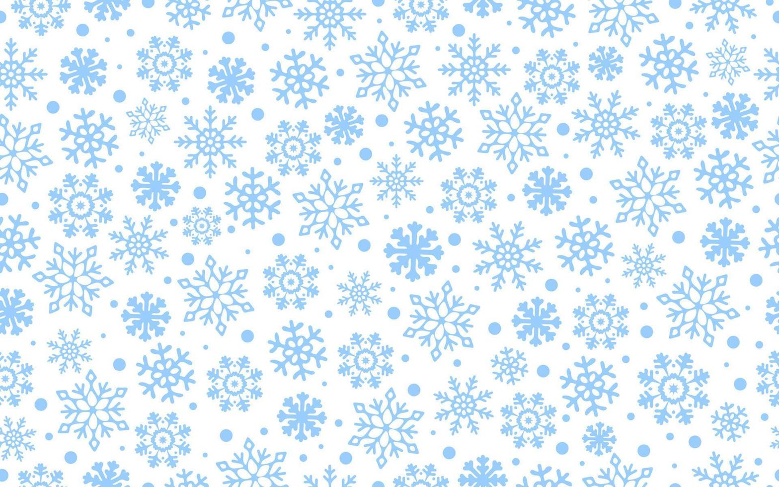 Blue Snowflakes on white background, vector Seamless Pattern. Falling Snowflakes on white backdrop. Concept of Winter holiday.