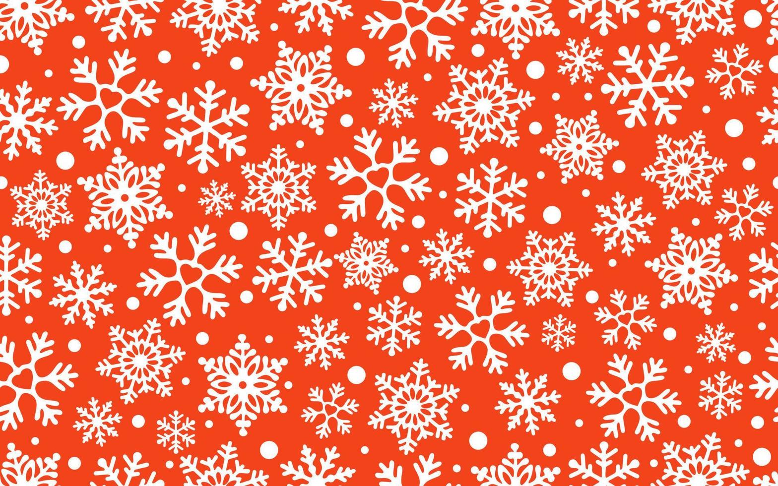 White Snowflakes on Red background. Vector Seamless Pattern for Continuous replicate. Christmas falling Snowflake on Red backdrop. Concept of winter holiday.