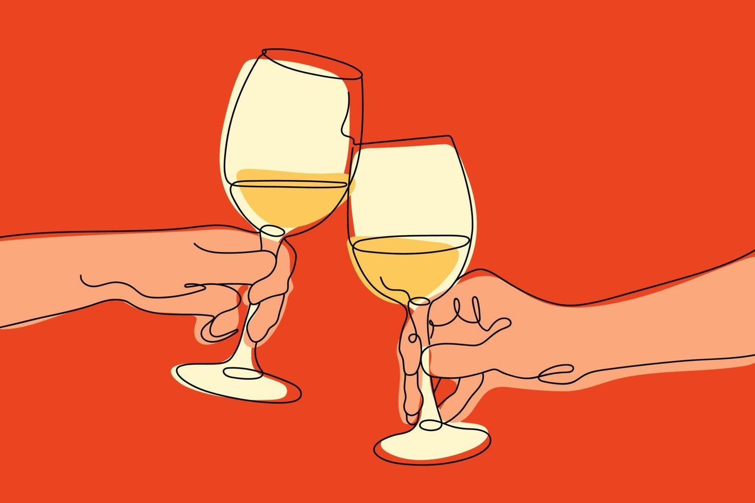 dibujo continuo de una sola línea de vasos con bebida sobre fondo rojo. la gente tintinea copas de vino. ilustración vectorial vector