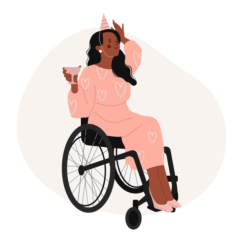 estilo de vida feliz del concepto de personas discapacitadas. mujer negra sonriente con un vaso en la mano en una silla de ruedas sobre un fondo blanco. discapacitado alegre personaje femenino moderno. ilustración vectorial plana. vector