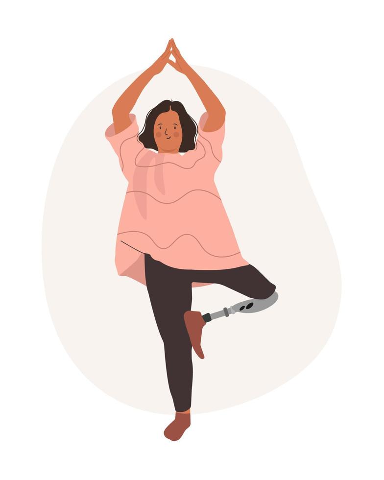 Young special girl doing Yoga. A woman with Prosthetic Leg in Yoga pose doing exercise and meditation. People with Disabilities, Prosthesis, amputation, inclusion. Vector illustration.