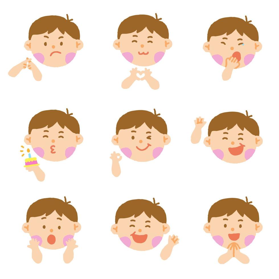 Cute Brown Brunette Hair Brown Eye Boy Kids Children Different Expression Emotions Emotional Emoticon Hand Doodle Character Feelings Faces Collection Set Icon Vector illustration