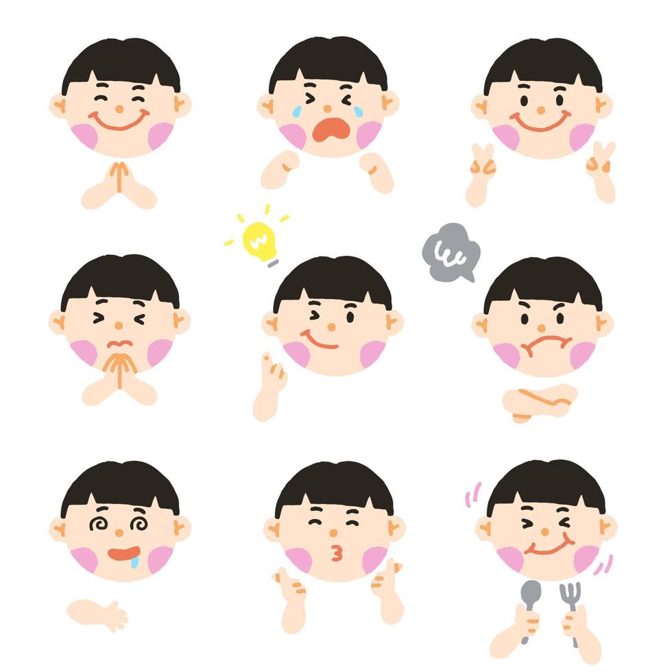 Cute Chinese Asian Boy Black Hair Eye Kids Child Children Shcool Different Expression Emotion Emotional Emoticon Hands Doodle Character Feelings Faces Collection Set Icon Vector Illustration