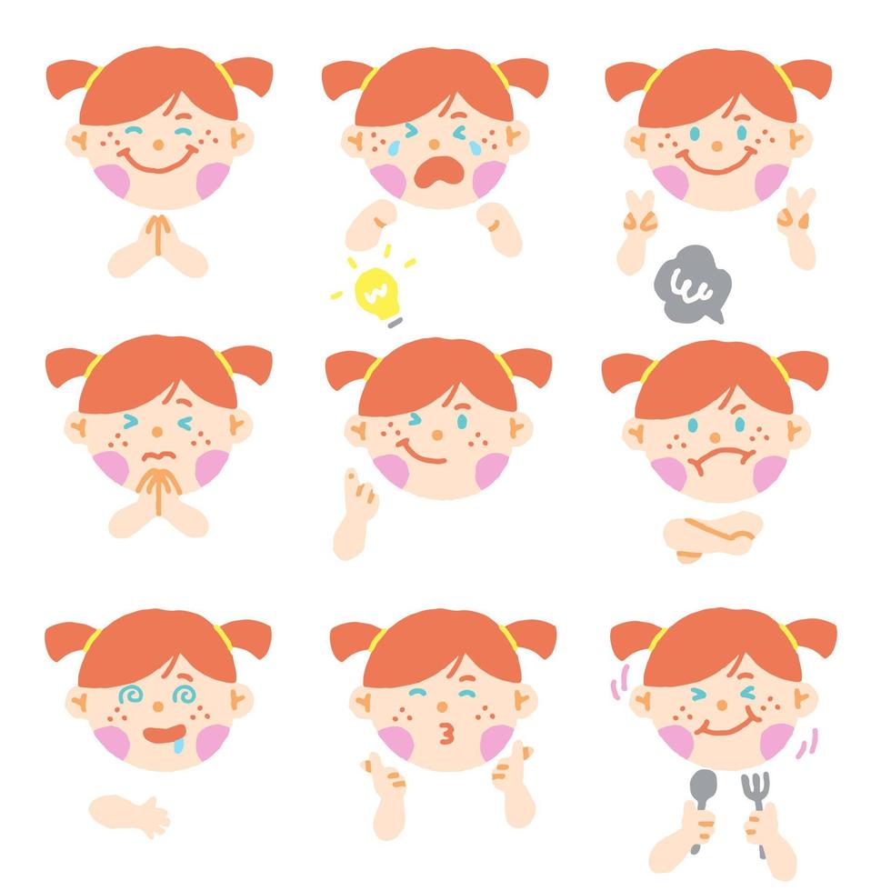 cuco escocés irlandés chica rojo pelo azul verde ojo niños niño niños escuela diferente expresión emoción emocional emoticono mano garabato carácteres sentimientos caras colección set icono vector ilustración