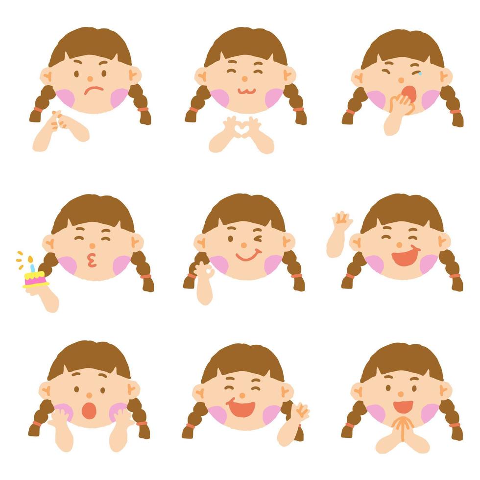 Cute Brown Brunette Hair Brown Eye Girl Kids Children Different Expression Emotions Emotional Emoticon Hand Doodle Character Feelings Faces Collection Set Icon Vector illustration