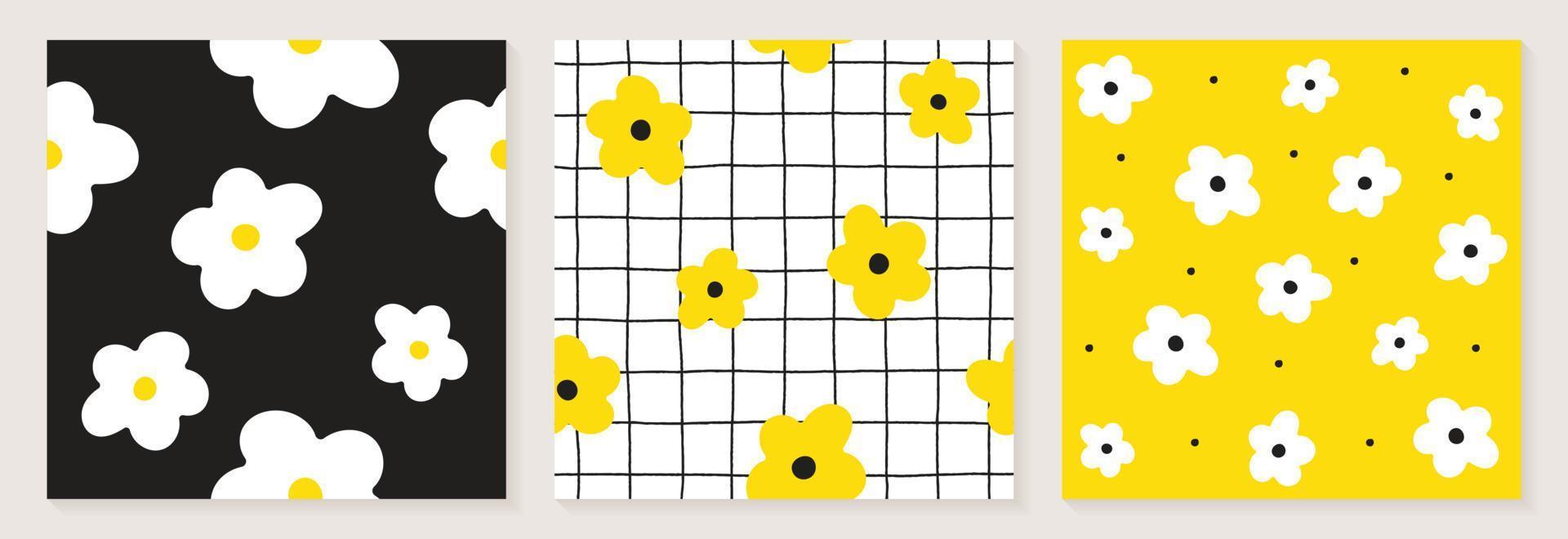 Cute Daisy Flower White Black Yellow Color Confetti Flat Style Fabric Textile Grid Line Check Seamless Pattern Background Botanic Meadow Summer Spring Card Set Collection Bundle Vector Illustration