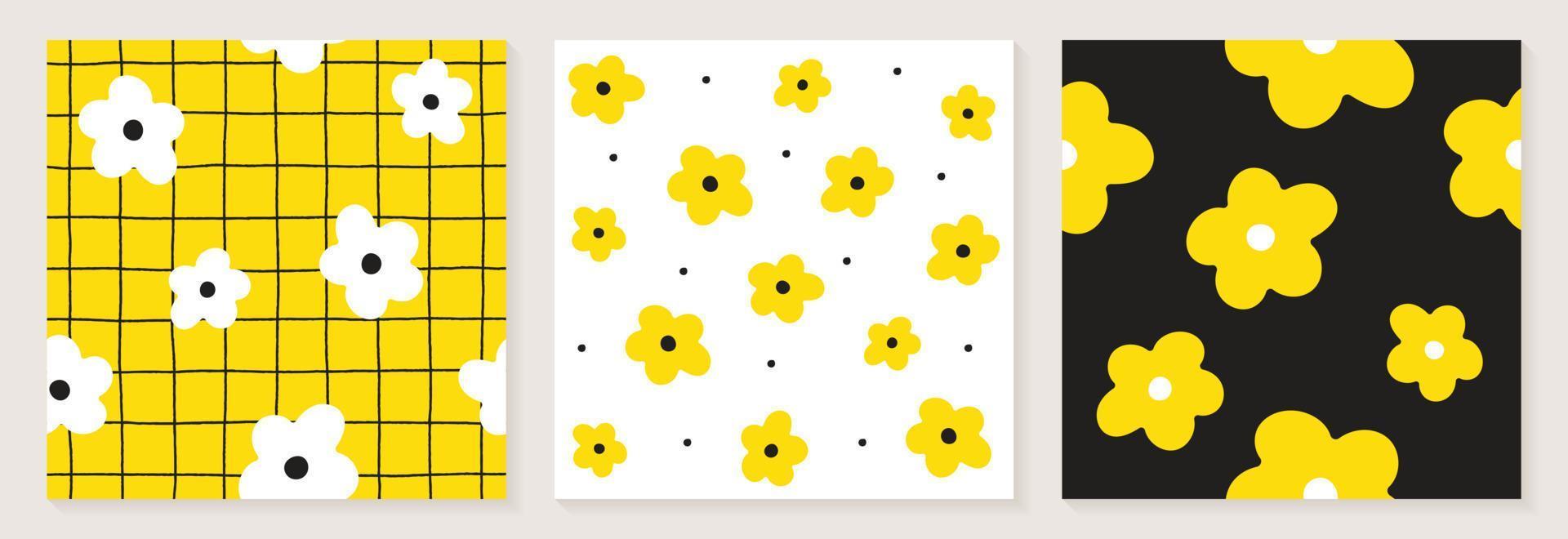 Cute Daisy Flower White Black Yellow Color Confetti Flat Style Fabric Textile Grid Line Check Seamless Pattern Background Botanic Meadow Summer Spring Card Set Collection Bundle Vector Illustration