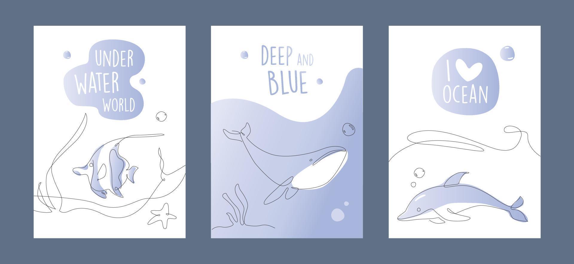 One line marine poster set. Underwater outline fish. Line art ocean and sea life postcard collection. vector