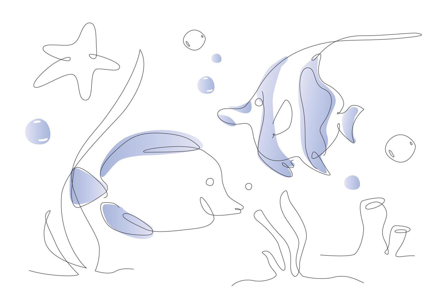 one line aquarium fish. ocean life moorish idol and Hippo Tang. outline sea fishes. cute poster illustrations vector