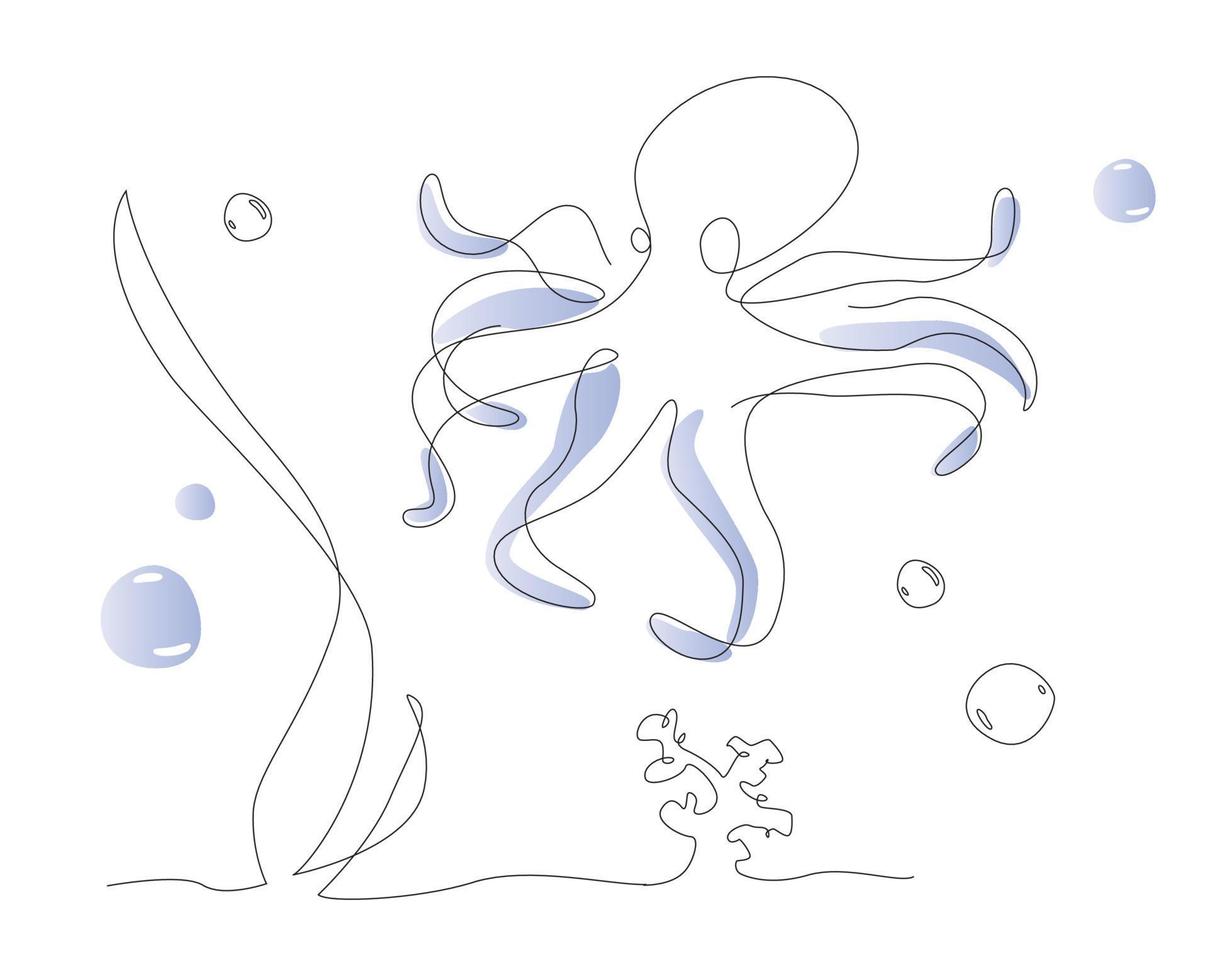 One line octopus illustration. Sea life line art vector. Cute fish outline vector